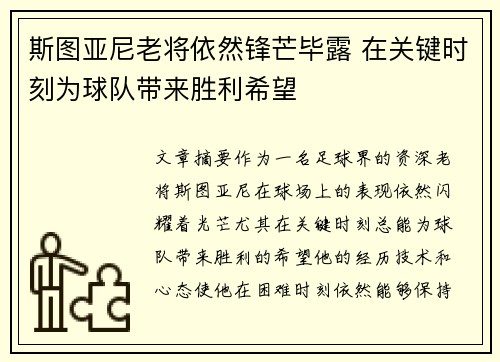 斯图亚尼老将依然锋芒毕露 在关键时刻为球队带来胜利希望