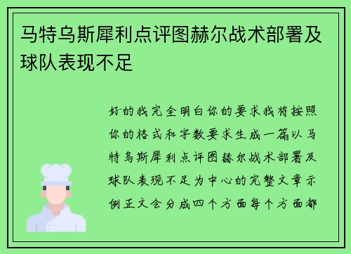 马特乌斯犀利点评图赫尔战术部署及球队表现不足